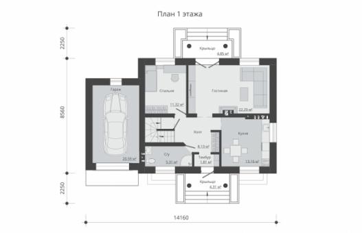 Одноэтажный дом с подвалом, мансардой, гаражом и балконами