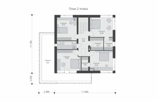 Проект двухэтажного жилого дома с гаражом и террасами